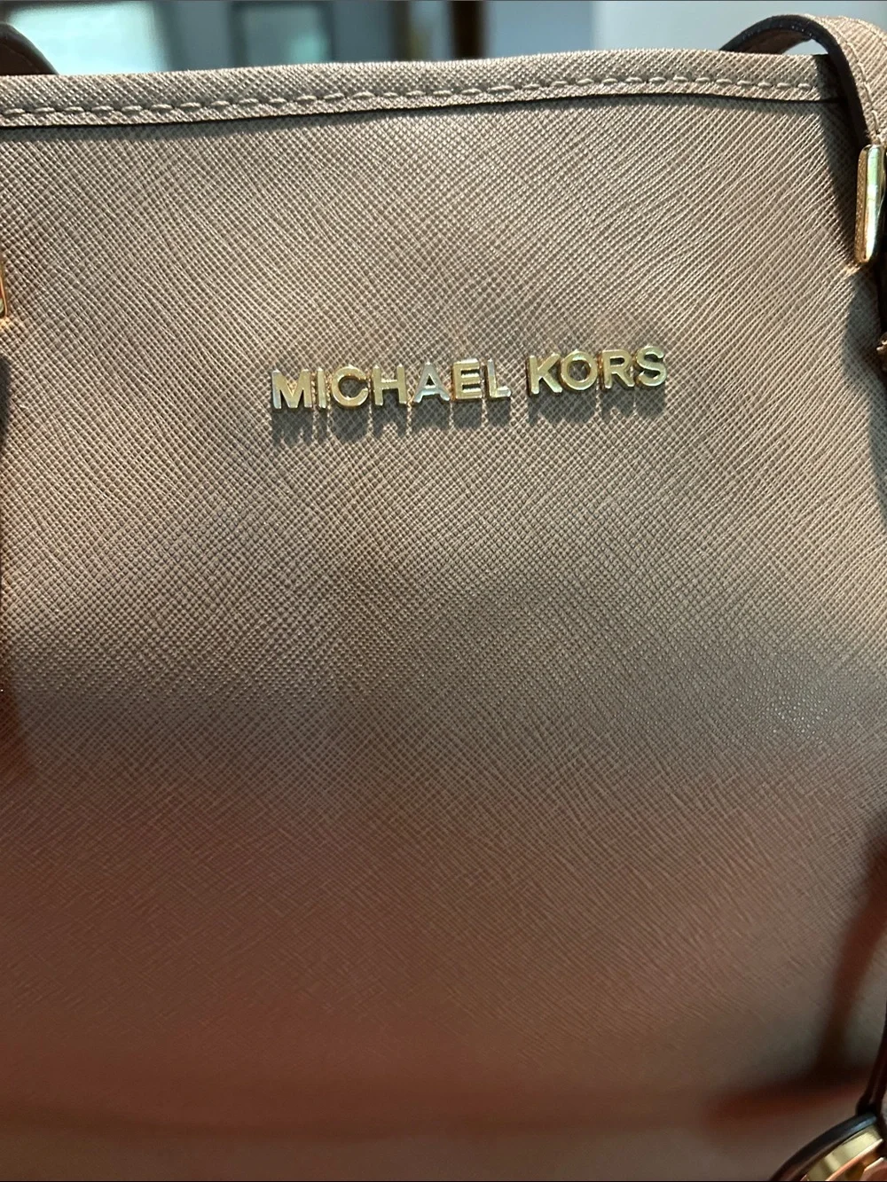 Michael Kors Quinn Shoulder Bag in Taupe with Gold Hardware